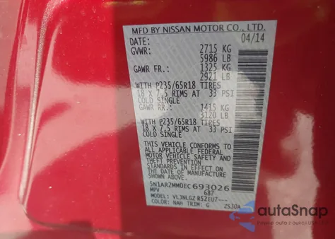 2014 Nissan Pathfinder Sl из США, поврежденный, VIN 5N1AR2MM0EC693026